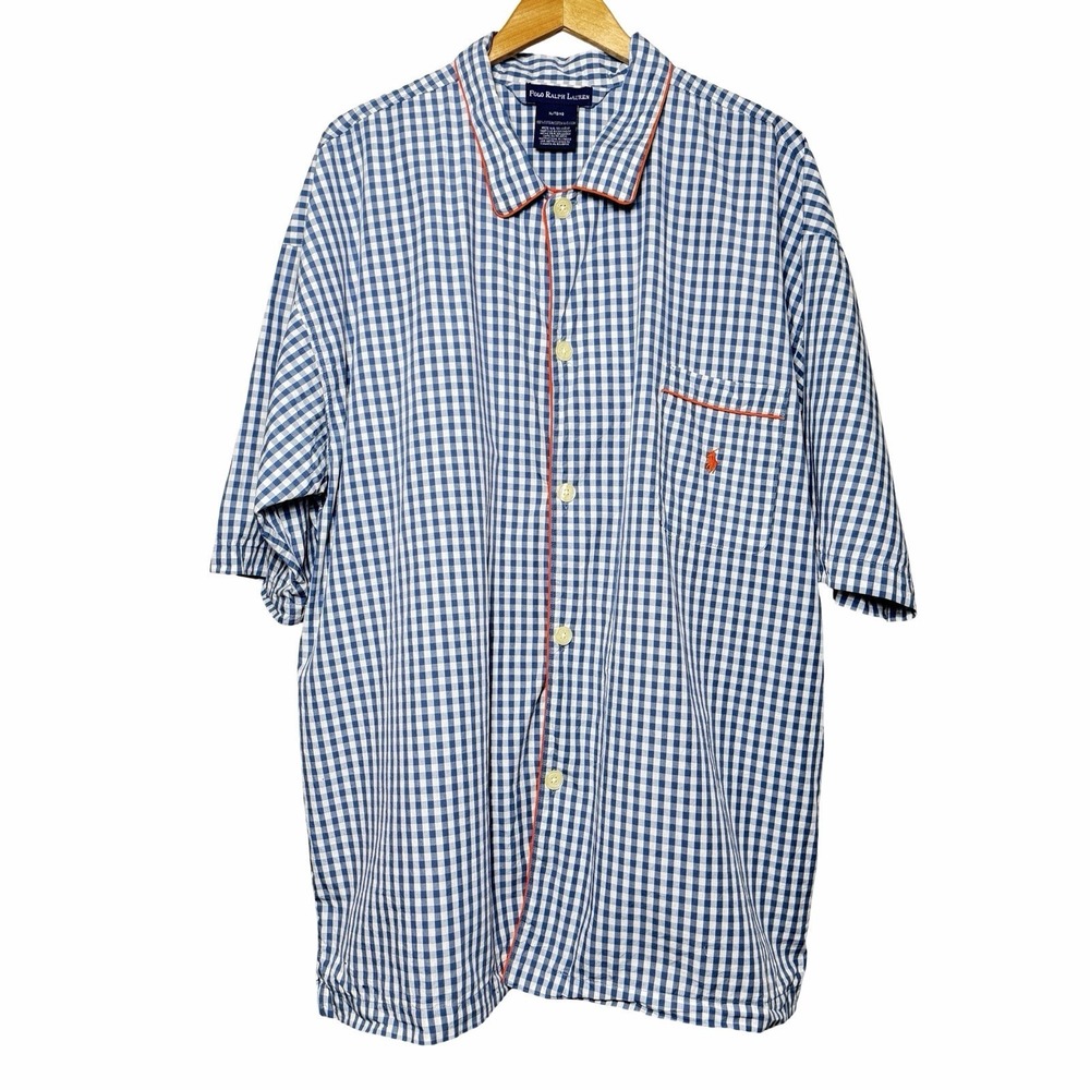 Polo Ralph Lauren Pajama Sleep Shirt Mens XL Blue Gingham Cotton Nightshirt Pony